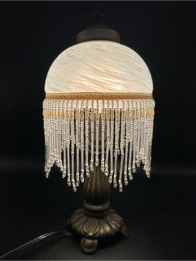 Victorian Style Boudoir Lamp – Frosted Glass Shade, Glass Bead Fringe--EUC